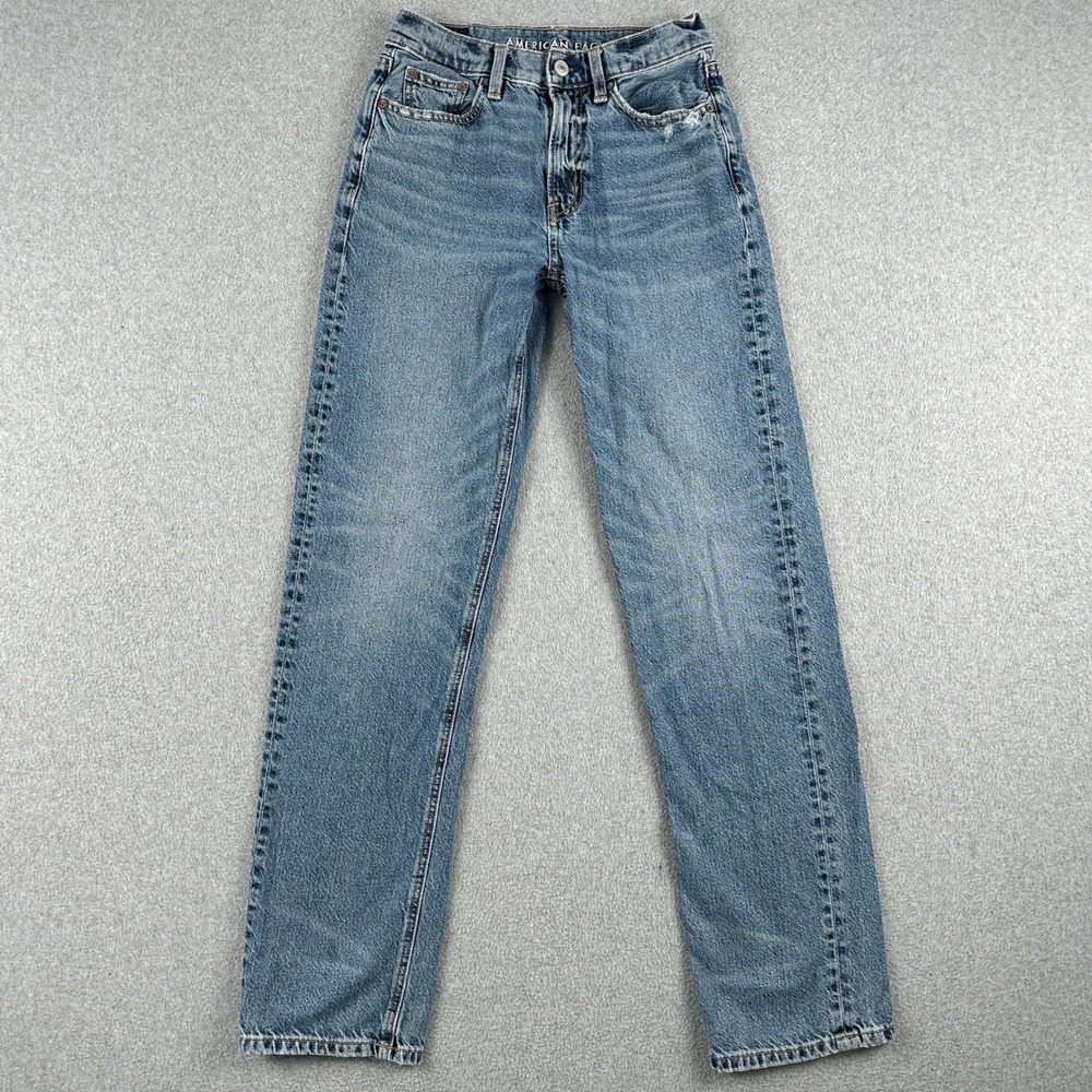 American Eagle Jeans Women 000 Blue Baggy Straight Leg High Rise Denim Regular